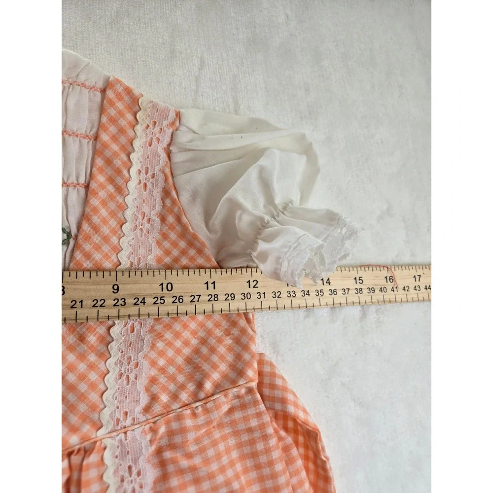 Polly Flinders Vintage Girls Orange Gingham Hand Smocked Dress Size T4 Lace Trim